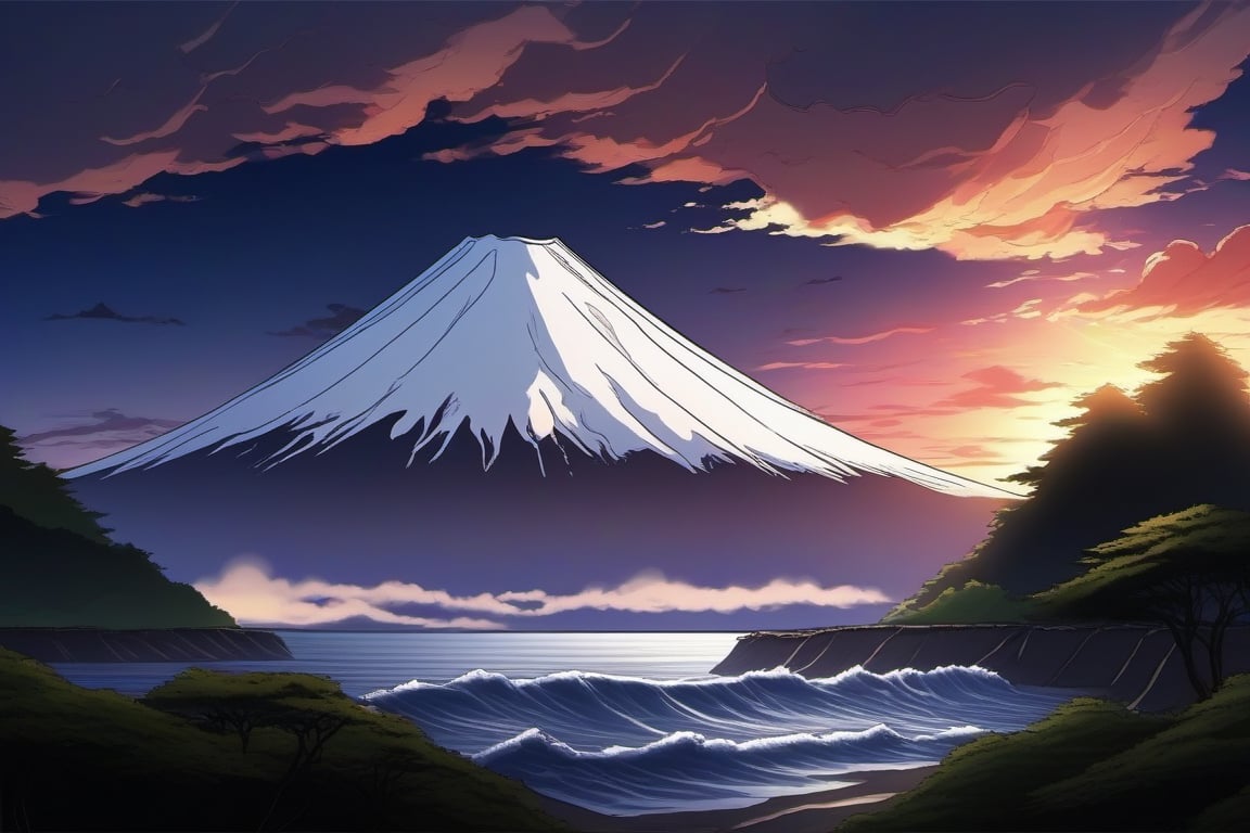 mont fuji, wave, storm, some light passing the cloud, sunrise, anime


,SakuyaTsuitachiStyle