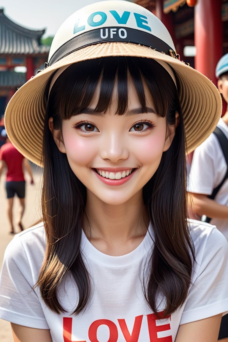 a 18 relay-old girl , Chinese , pale skin , hat , art photo , happy smile , bangs ,  (( ultra detail skin )) , her white t-shirt has (text "LOVE UFO") printed on it.