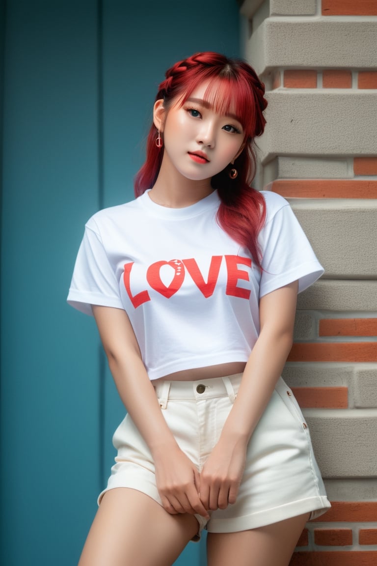 ((extremely realistic photo)), aesthetic portrait  , dreamatic lighting , Hand-drawn style visual effects , professional photo, (( full body shot:1.4)) ,  a korea beauty angel ,  | black+red hair | , braid , white t shirt , red short pants , castle ,  there is a text:love printed on her t shirt  , 