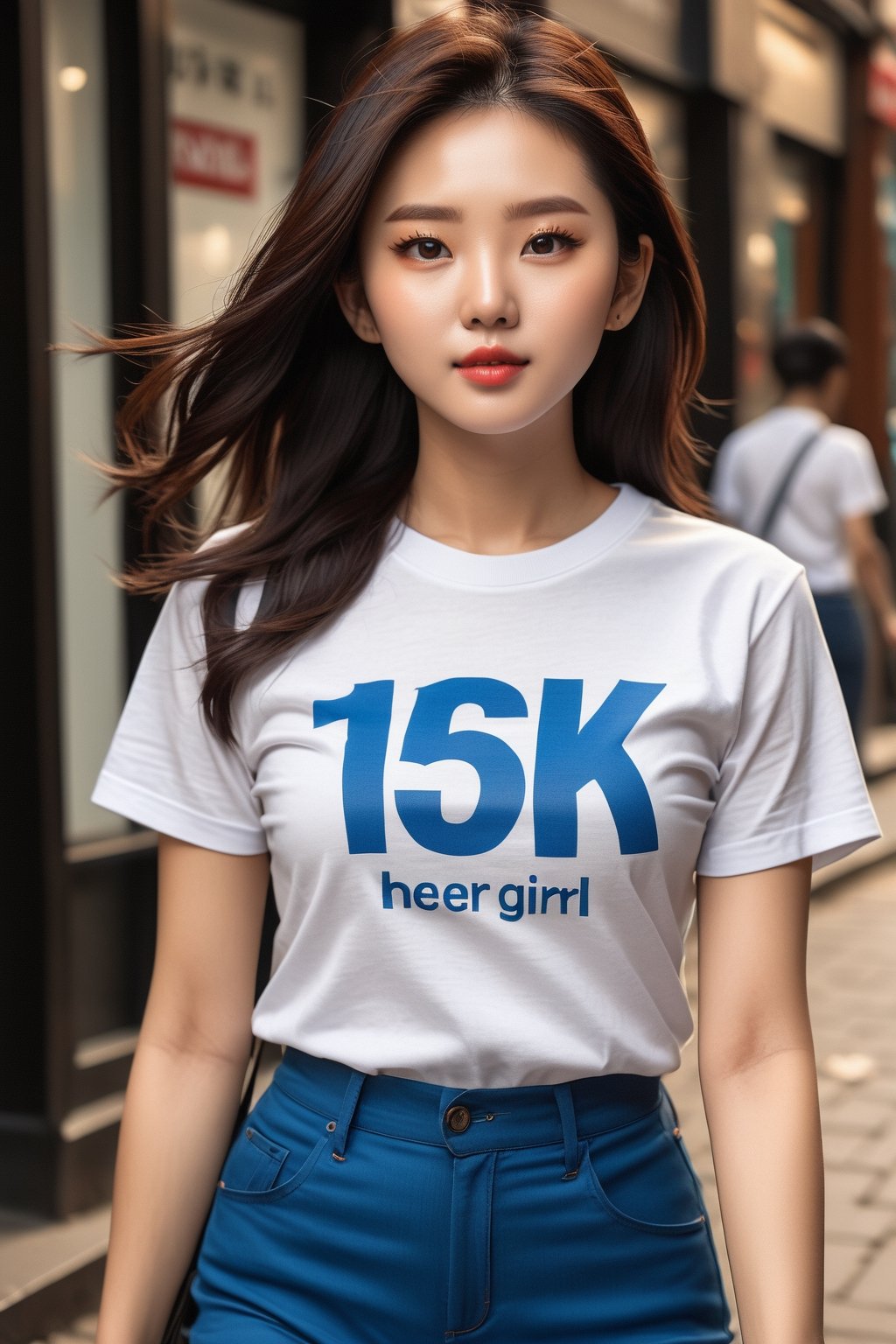 ((extremely realistic photo)), professional photo, a korea beauty , | brown black hair | , white t shirt , blue pants , there is  text:15K on her t shirt  , [London_street girl 10]