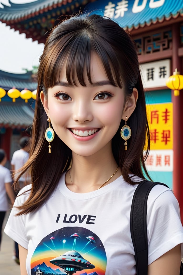 a 18 relay-old girl , Chinese , pale skin , earrings , necklaces , art photo , happy smile , bangs ,  (( ultra detailed skin )) , her white t-shirt has (text "I Love UFO") printed on it. { full body shot } .