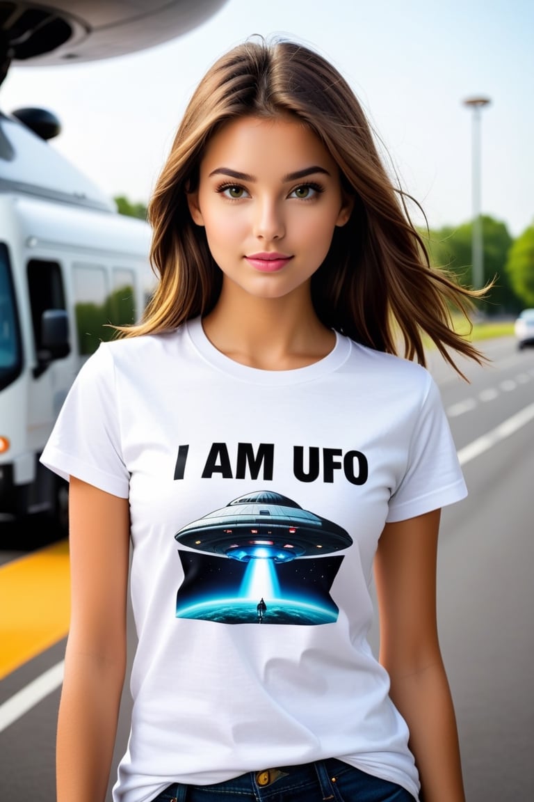 a 18 girl , has ( text " I am UFO") printed on her white t-shirt .