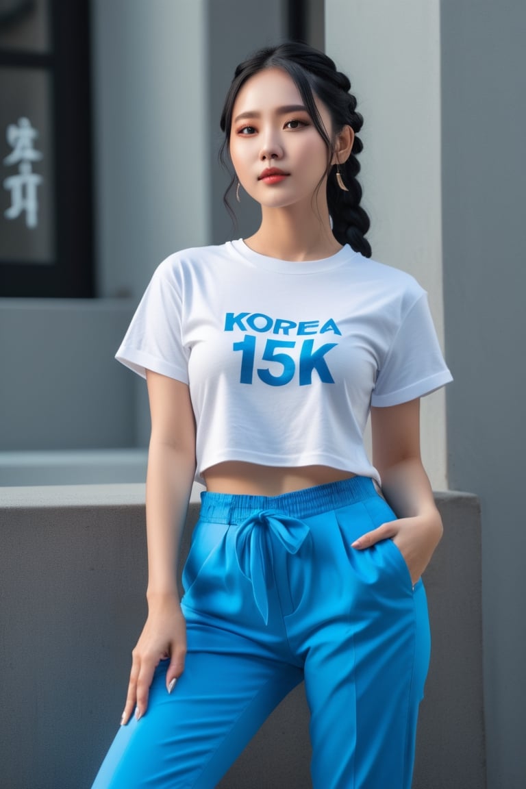 ((extremely realistic photo)), aesthetic portrait  , dreamatic lighting , Hand-drawn style visual effects , professional photo, (( full body shot:1.4)) ,  a korea beauty angel ,  | black white hair | , braid , white t shirt , blue pants , castle ,  there is a text:15K on her t shirt  , 