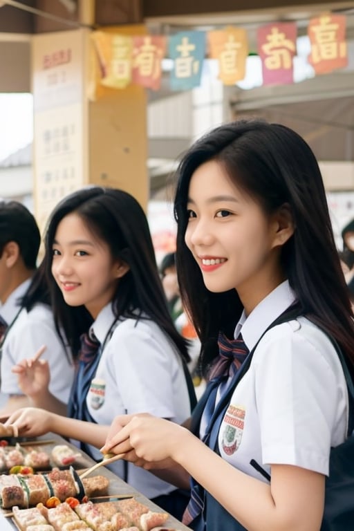 festival celebration,Schoolgirls and 
boys,school,anepicboy,yakitori,eating food,playing together,happy_face,correct fingers,correct hands,pastelbg,school uniform,many students,clear face,5_figners