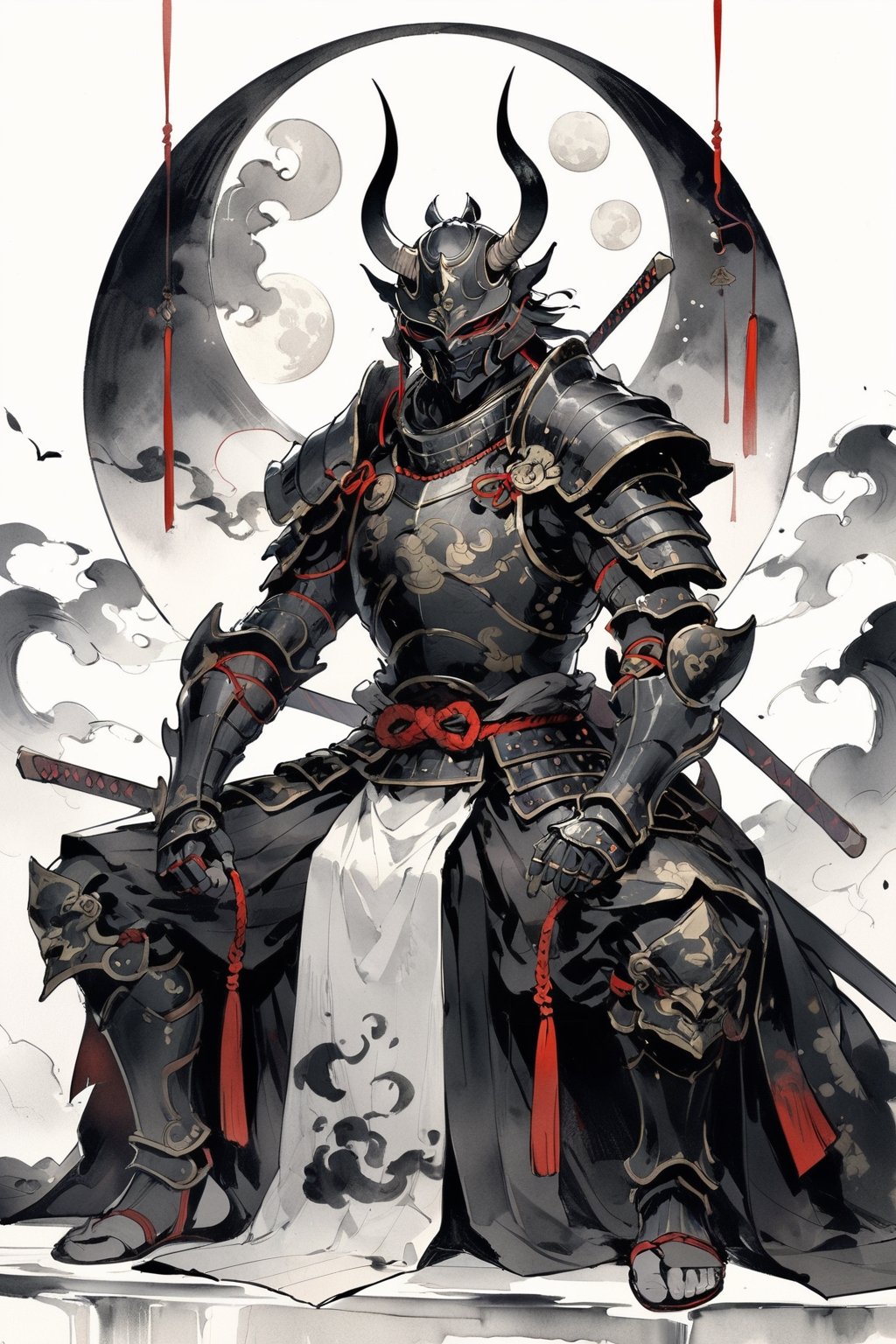 warrior, weapon, armor,  japanese armor, helmet,  samurai, shoulder armor, moon, sheath, horns, gauntlets, sheathed, mask, standing, kusazuri, kabuto \(helmet\), pauldrons, full moon, full armor, fake horns, (sitting, indian style:1.2), masterpiece, best quality, aesthetic, chinese ink painting, 