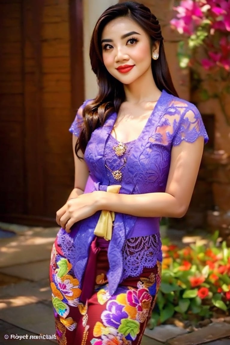 1woman, half body, raw photo, long hair, photo-realistic, sharp focus, high quality, mgrsan,
28 years old Indonesian woman with brown flowing hair, small breast, wearing kebaya and flower garden background, 5'6 ft height, Sexy pose,  inside cheap motel, aroused and excited, looking_at_viewer , photorealistic,Masterpiece, realistic,kebay4