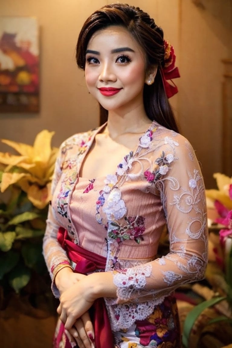 1woman, half body, raw photo, long hair, photo-realistic, sharp focus, high quality, mgrsan,
28 years old Indonesian woman with brown flowing hair, small breast, wearing kebaya and flower garden background, 5'6 ft height, Sexy pose,  inside cheap motel, aroused and excited, looking_at_viewer , photorealistic,Masterpiece, realistic,kebay4