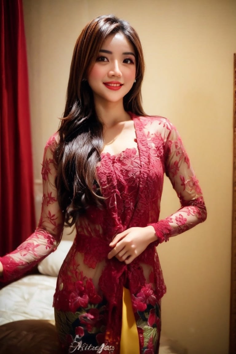 1woman, half body, raw photo, long hair, photo-realistic, sharp focus, high quality, mgrsan,
28 years old Indonesian woman with brown flowing hair, small breast, wearing kebaya and flower garden background, 5'6 ft height, Sexy pose,  inside cheap motel, aroused and excited, looking_at_viewer , photorealistic,Masterpiece, realistic,kebay4,