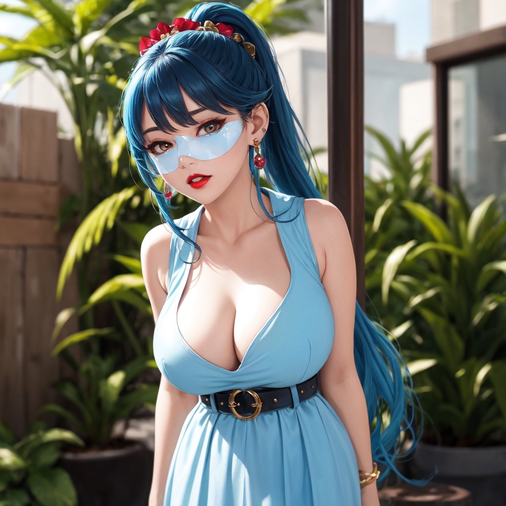 1girl, solo, high ponytail, looking at viewer, sapphire eyes, blue hair, hair accessory, , cleavage,jewelry, big breasts, collarbone, upper body, earrings, outdoors, transparent blue dress, blurred,lips,belt, Windows, background solidification, transparent blue Hanfu, plants, tassels, red lips, WeChat, no teeth,hentai