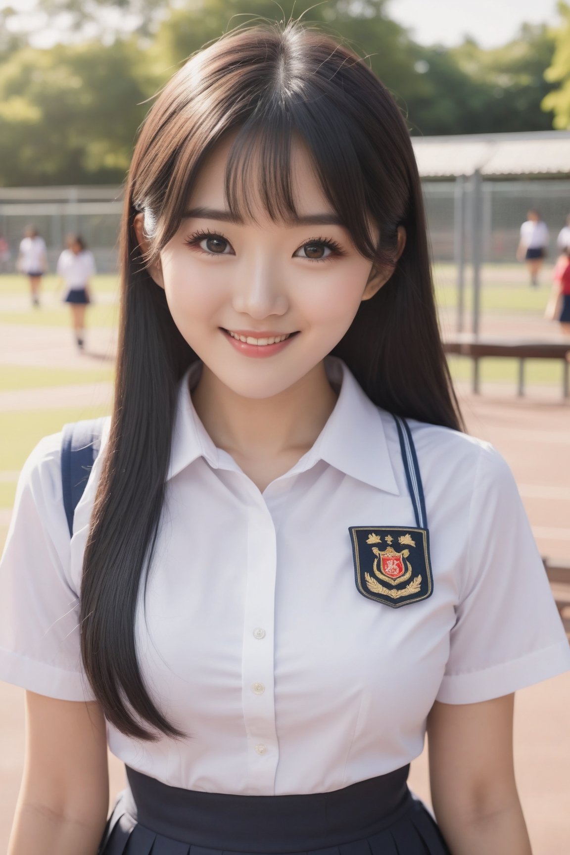 Shot on iPhone 15
natural lighting
Clear and sharp focus
long black hair
smiling
black eyes long eyelashes
cute asian girl
(Masterpiece: 1.3)
(Best quality: 1.3)
(Super detailed: 1.3)
ultra high definition
((Extremely exquisite and beautiful))
(((full-body shot)))
Breast size: D cup
student uniform
Selfie on school playground
pleated skirt
wide angle