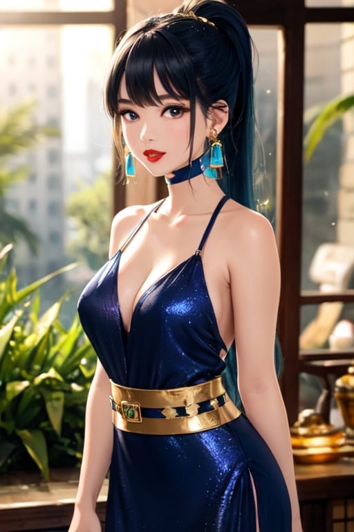 1girl, solo, high ponytail, looking at viewer, sapphire eyes, blue hair, hair accessory, , cleavage,jewellery, large breasts, collarbone, upper body, earrings, outdoors, transparent gold dress, blurred, lips, belt, window , background materialization, transparent golden Hanfu, plants, tassels, red lips, WeChat, no teeth