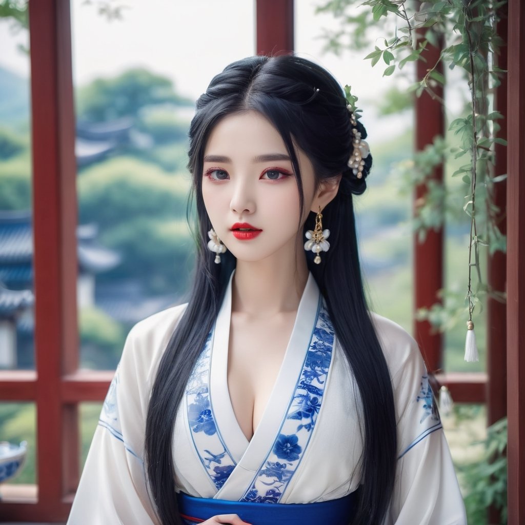 1girl, solo, long hair, looking at viewer, sapphire eyes, black hair, hair accessory, , cleavage, jewelry, medium breasts, collarbone, upper body, earrings, outdoors, transparent blue and white porcelain color dress, blurred, lips, belt, window , background materialization, transparent blue and white porcelain color Hanfu, plants, tassels, red lips, WeChat, no teeth