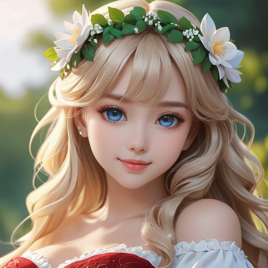 A girl, solo, (((Masterpiece))), (((Exquisite))), ((Ultra-detailed)), ((Extremely exquisite and beautiful)), Ultra HD, (((Average 8K resolution))), ((detailed lighting)), dynamic angle, (detailed lighting), dynamic angle, floating, (beautiful detailed eyes), (detailed lighting) sweet smile, blue eyes, long blond hair, dress, bare shoulders, Upper body, wreath on head, pity, kawaii, anime aesthetic, chubby lips, princess