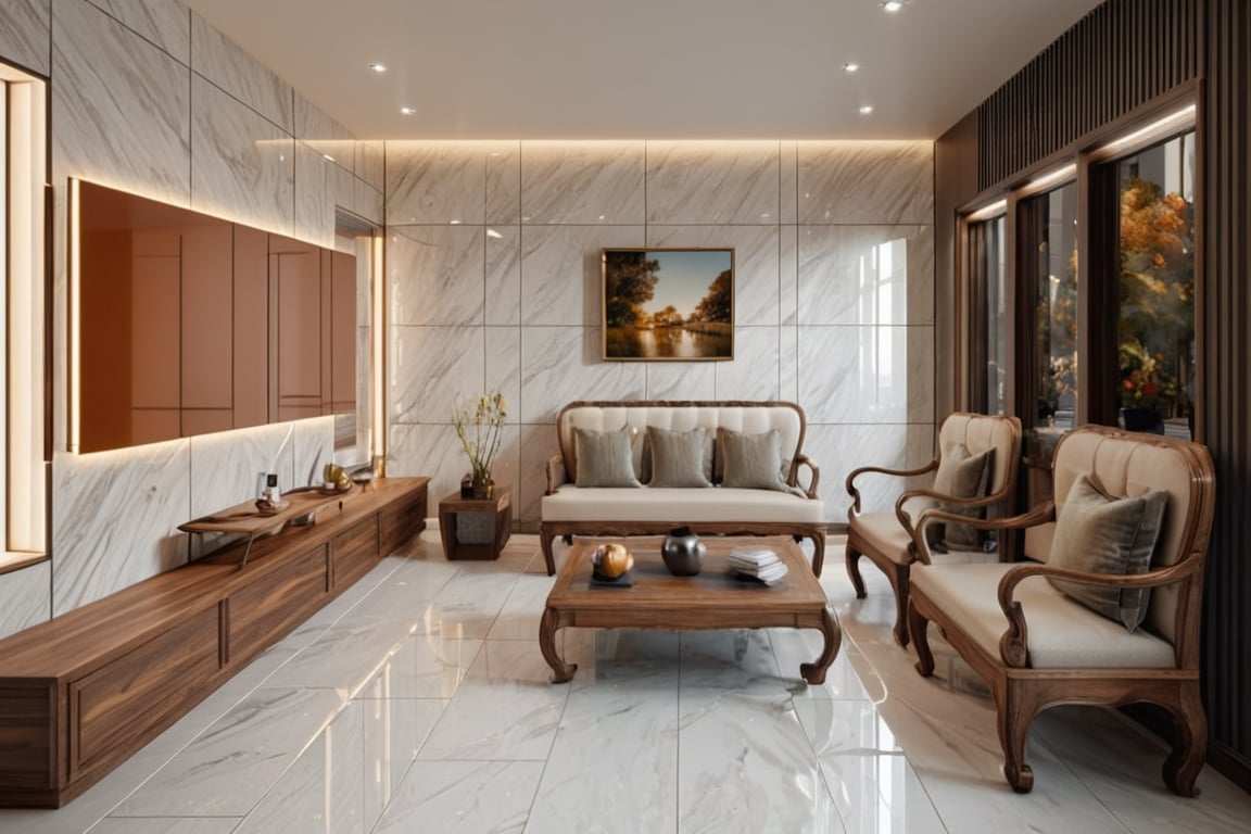 (best quality, masterpiece, high_resolution:1.5),Ultra-realistic 8k, hd image quality, sharp detail, indoors, no humans, window, scenery, reflection, mirror, door, tiles, tile floor, showroom, tile wall,Modern reception ,photo real,3d style