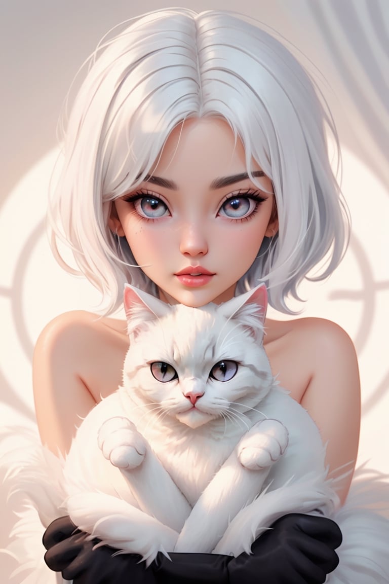 Lady with short white hair big round eyes pert lips succulent plant and fluffy black cat yin yang symbol interesting soft cat paws, yin yang, black swirled with white, 8k resolution