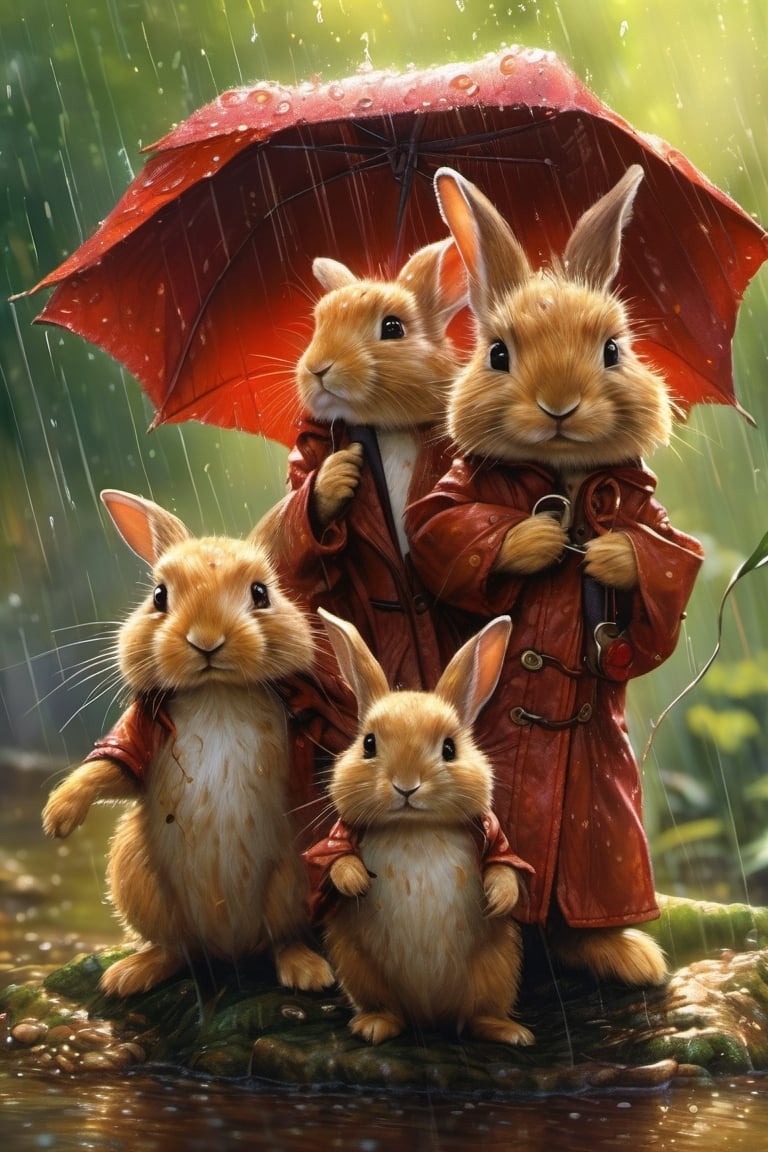 Hyper-detailed  painting, Jean-Baptiste Monge style, a gang of cute little rabbits gathered in the rain  under an single black long raincoat, splash, glittering, cute and adorable, filigree, lights, fluffy, magic, surreal, fantasy, digital art, ultra hd, hyper-realistic illustration, vivid colors,  UHD, cinematic perfect light,greg rutkowski