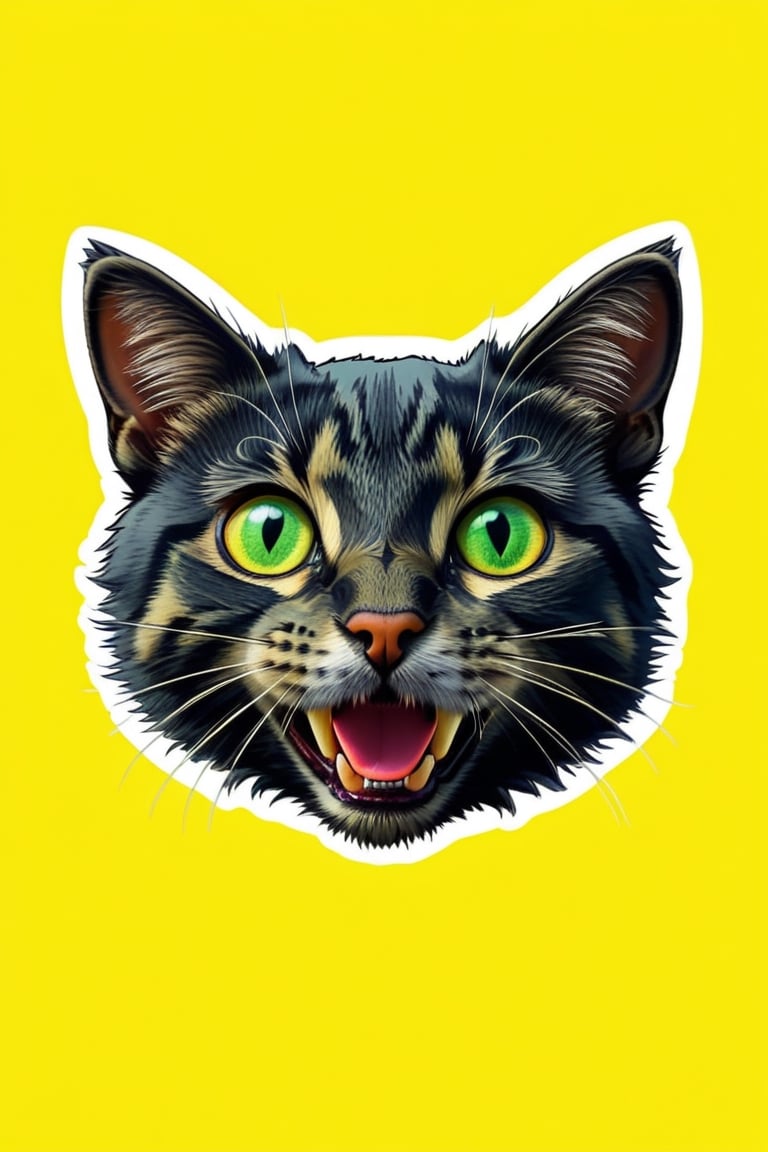 solo, looking at viewer, open mouth, simple background, green eyes, teeth, tongue, tongue out, no humans, animal, cat, bug, yellow background, colored sclera, outline, animal focus, whiskers,AiArtV