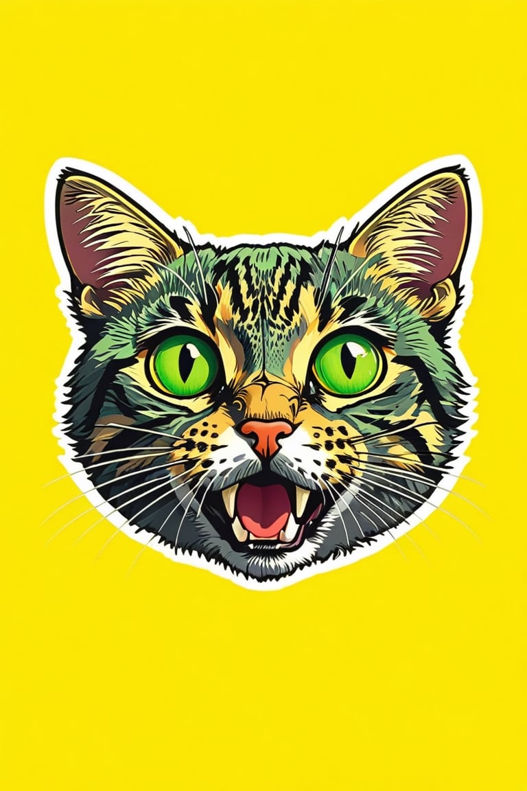 solo, looking at viewer, open mouth, simple background, green eyes, teeth, tongue, tongue out, no humans, animal, cat, bug, yellow background, colored sclera, outline, animal focus, whiskers,AiArtV