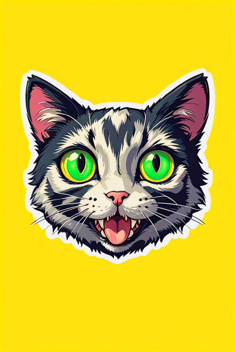 solo, looking at viewer, open mouth, simple background, green eyes, teeth, tongue, tongue out, no humans, animal, cat, bug, yellow background, colored sclera, outline, animal focus, whiskers,AiArtV