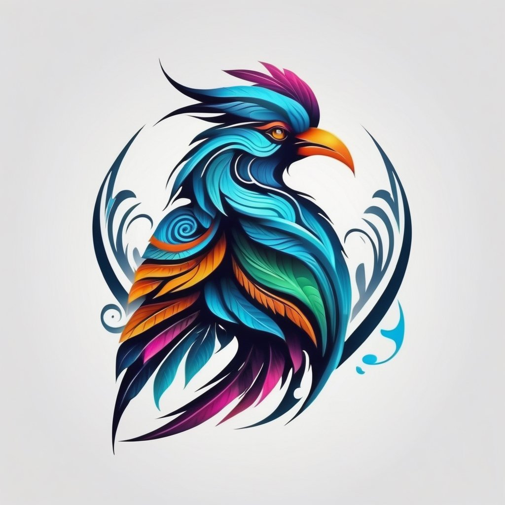 Logo design, vector, majestic tribal bird ghost, tattoo style, minimalist, simple, colorful, isolated on white background, very sharp details, high resolution, ultra clear, ultra HD, digital render,