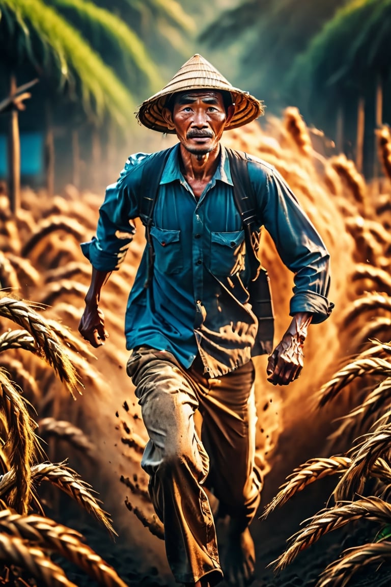 a farmer indonesia poster, in the style of epic movement, Dynamic composition, cinematic color grading, stunning, photorealistic, chaotic action, intense emotion. Shot with a Canon EOS-1D X Mark III, (motion blure:1.2)