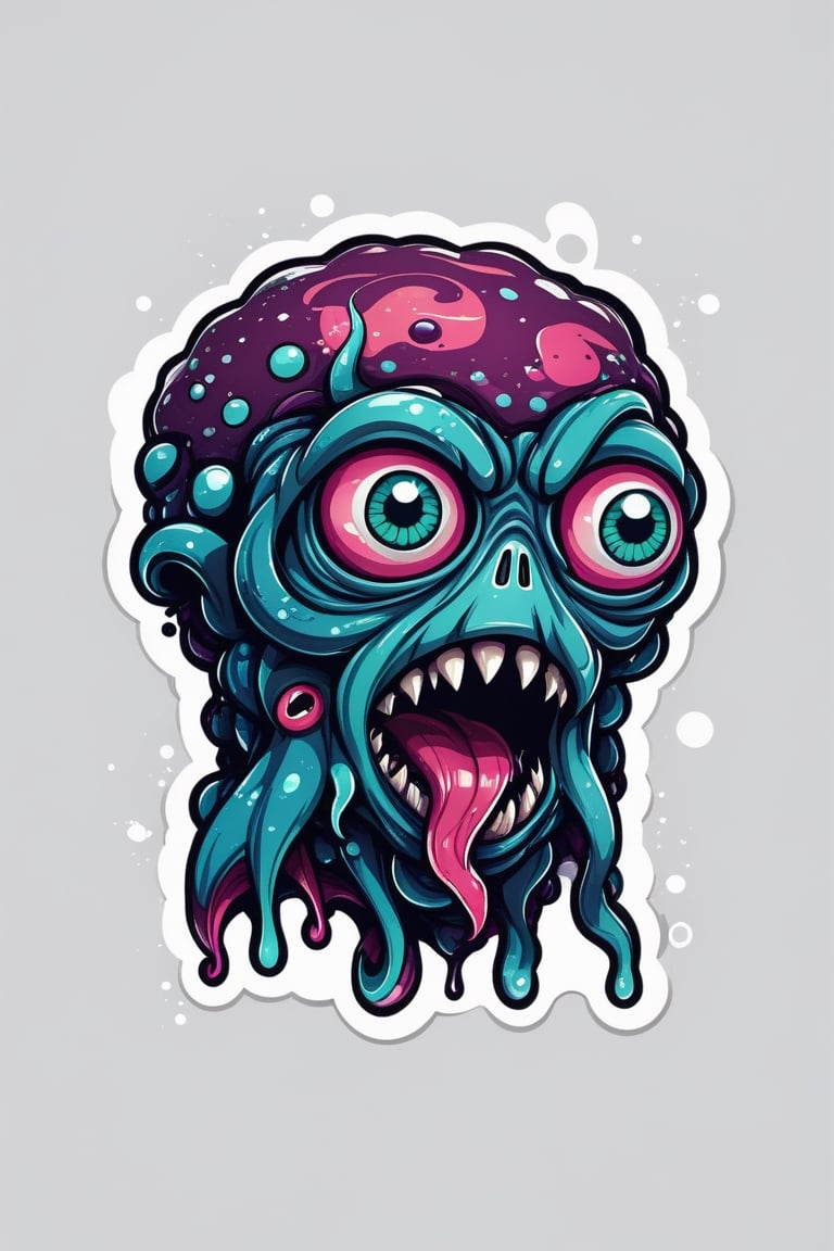 solo, looking at viewer, open mouth, simple background, white background, teeth, tongue, artist name, tongue out, grey background, no humans, tentacles, monster, extra eyes, slime \(substance\), horror \(theme\), eldritch abomination, professional vector, high detail, t-shirt design, graffiti, illustration