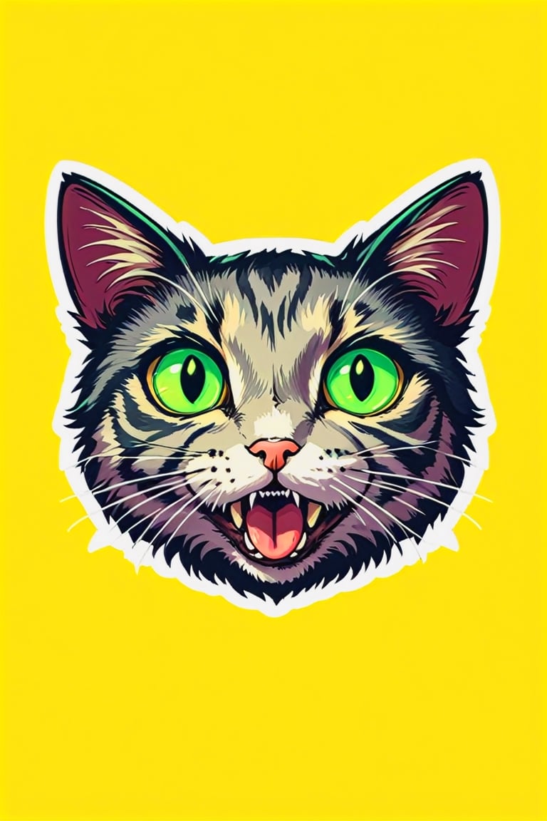 solo, looking at viewer, open mouth, simple background, green eyes, teeth, tongue, tongue out, no humans, animal, cat, bug, yellow background, colored sclera, outline, animal focus, whiskers,AiArtV