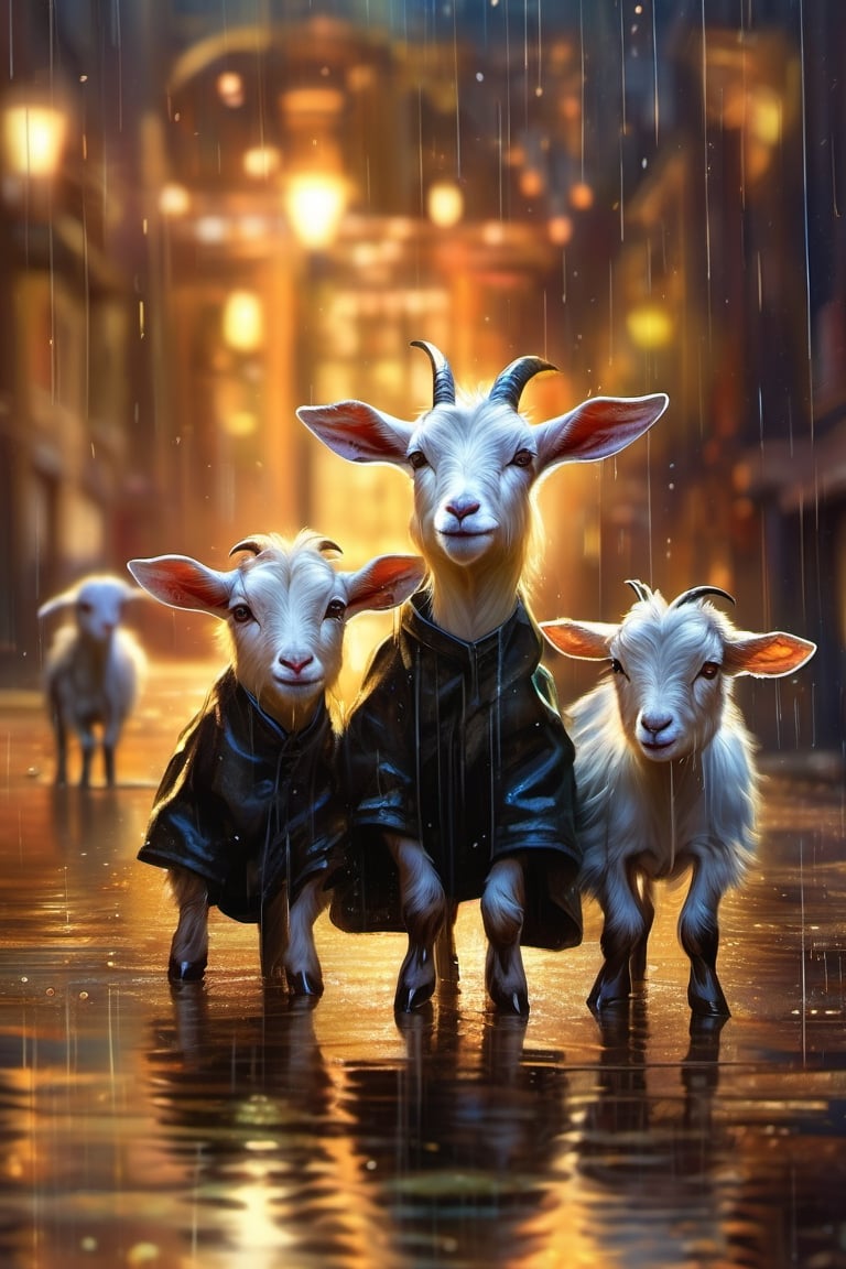 Hyper-detailed  painting, Jean-Baptiste Monge style, a gang of cute little goats gathered in the rain  under an single black long raincoat, splash, glittering, cute and adorable, filigree, lights, fluffy, magic, surreal, fantasy, digital art, ultra hd, hyper-realistic illustration, vivid colors,  UHD, cinematic perfect light,greg rutkowski