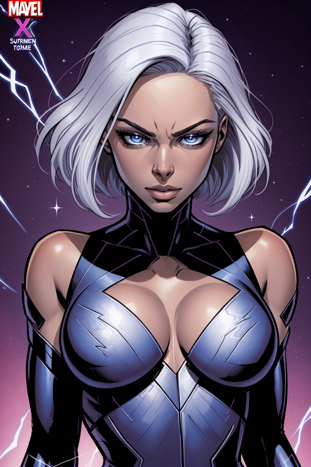 Comic Cover with the Marvel Book Title "X-MEN" at the top. gorgeous superheroine Storm X-men, Artgerm style, Storm, top glossy fabric, tight fitting costume, white hair, bright blue eyes, X-men logo on costume, character reclining, african confident, gorgeous, very elegant, fantasy character art, comic book art,HQ