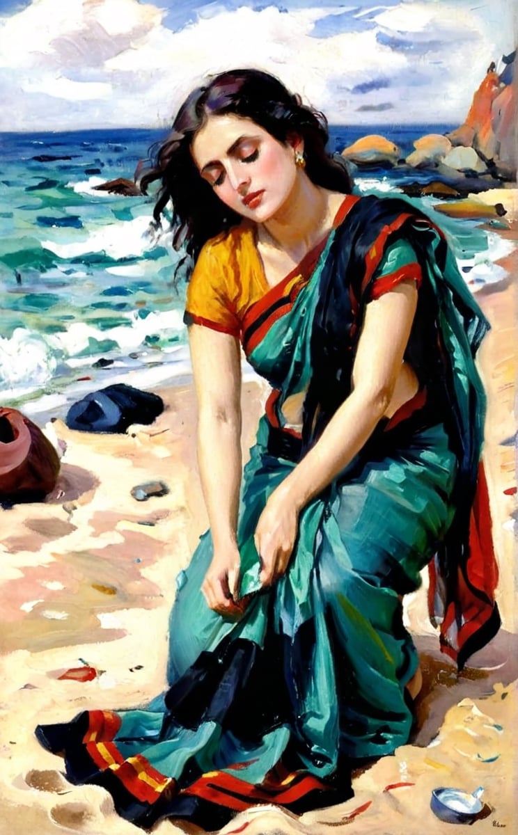 elegant exhausted and sweated lady in saree bathing in sand, oil painting by famous artist Fee Dickson Reid,style of Edvard Munch,impressionist painting