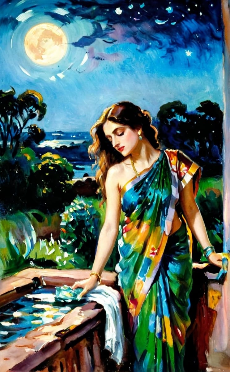 elegant exhausted and sweated lady in saree bathing in moonlight, oil painting by famous artist Fee Dickson Reid,style of Edvard Munch,impressionist painting