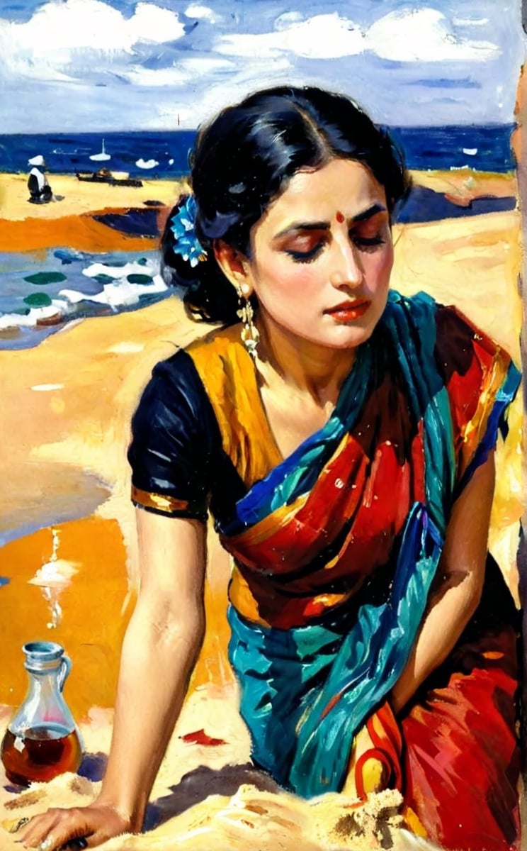 elegant exhausted and sweated lady in saree bathing in sand, oil painting by famous artist Fee Dickson Reid,style of Edvard Munch,impressionist painting