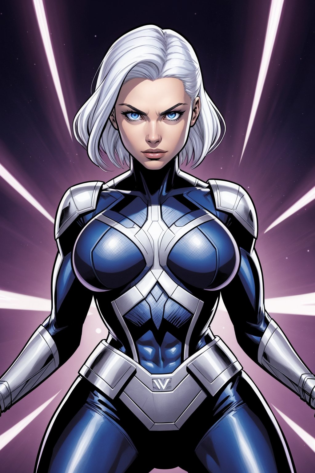 Comic Cover with the Marvel Book Title "X-MEN" at the top. gorgeous superheroine Storm X-men, Artgerm style, Storm, top glossy fabric, tight fitting costume, white hair, bright blue eyes, X-men logo on costume, character reclining, african confident, gorgeous, very elegant, fantasy character art, comic book art