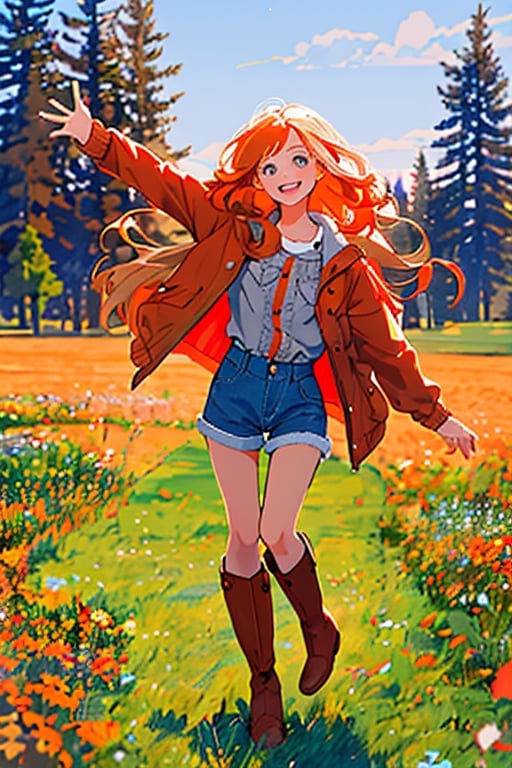 portrait, emotion, illustration, a girl about 12 years old, with long orange hair, light brown eyes, a beautiful and tender face, unbuttoned red jacket, wearing a gray blouse, gray denim shorts, and brown boots with red details, smiling cheerfully, in a beautiful meadow, the camera focuses slightly to the left of her.