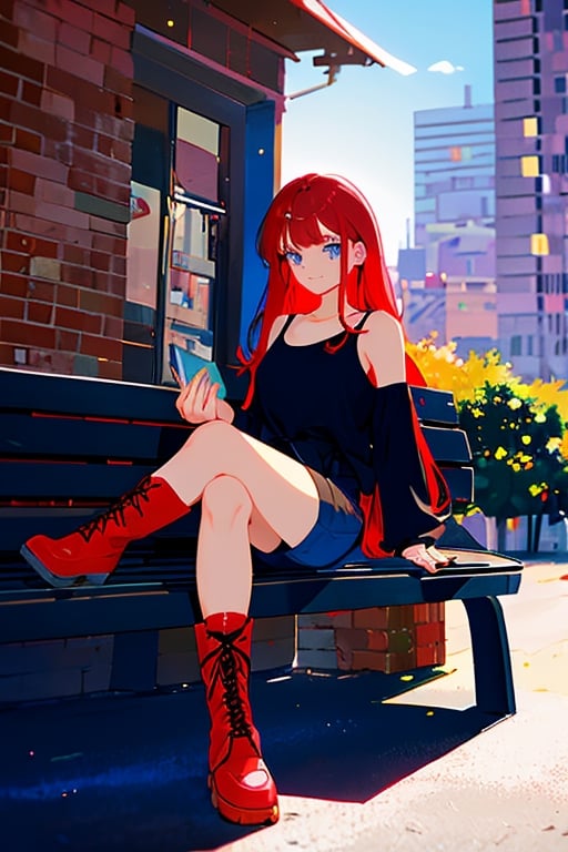 portrait, emotion, illustration, Young girl, long red hair, with two strands cascading down to her waist, with bangs on the left side, dark blue eyes, beautiful face, with a cheerful expression, black tank top, long-sleeved, dark gray shorts, long black boots with red laces, sitting on a park bench, with a book in the evening.




