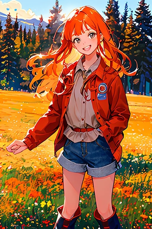 portrait, emotion, illustration, a girl about 12 years old, with long orange hair, light brown eyes, a beautiful and tender face, unbuttoned red jacket, wearing a gray blouse, gray denim shorts, and brown boots with red details, smiling cheerfully, in a beautiful meadow, the camera focuses slightly to the left of her.