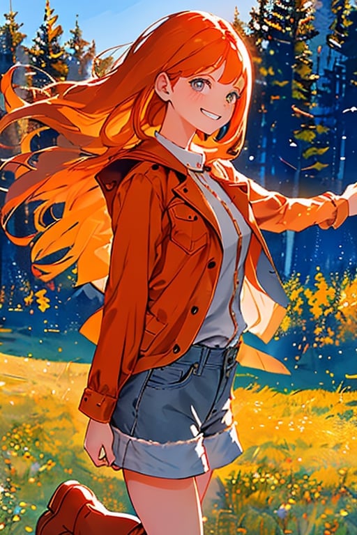 portrait, emotion, illustration, a girl about 12 years old, with long orange hair, honey-colored eyes, a beautiful and tender face, unbuttoned red jacket, wearing a gray blouse, gray denim shorts, and brown boots with red details, smiling cheerfully, in a beautiful meadow, the camera focuses slightly to the left of her.