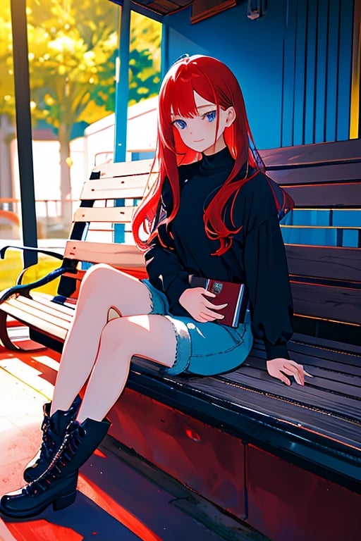 portrait, emotion, illustration, Young girl, long red hair, with two strands cascading down to her waist, with bangs on the left side, dark blue eyes, beautiful face, with a cheerful expression, black long sleeve shirt, dark gray shorts, long black boots with red laces, sitting on a park bench, with a book in the evening.




,illustration,fcloseup,rgbcolor