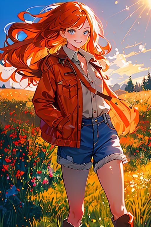 portrait, emotion, illustration, a girl about 12 years old, with long orange hair, honey-colored eyes, a beautiful and tender face, unbuttoned red jacket, wearing a gray blouse, gray denim shorts, and brown boots with red details, smiling cheerfully, in a beautiful meadow, the camera focuses slightly to the left of her.