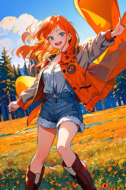 portrait, emotion, illustration, a girl about 12 years old, with long orange hair, honey-colored eyes, a beautiful and tender face, unbuttoned red jacket, wearing a gray blouse, gray denim shorts, and brown boots with red details, smiling cheerfully, in a beautiful meadow, the camera focuses slightly to the left of her.