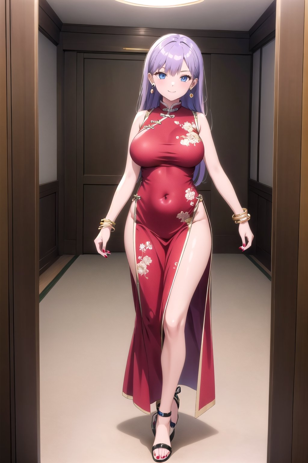 
((masterpiece))  ((high quality)) 
((beautiful details)),(( perfect focus)), (( high resolution)), ((exquisite texture in every detail)),

((1girl)) ,((solo)),((olivia))
((large breasts)),(( large hips)), light purple hair,short torso, long hair,beatiful, blue eyes,((large thighs))
 teen young
,looking at the viewer
smile

bangs


dress

jewelry


standing

full body



earrings

small breasts

sleeveless

indoors

nail polish

high heels

bracelet

bare legs

covered navel

sleeveless dress

chinese clothes

short dress

red dress

sandals

china dress

red nails

side slit

reflection

toenails

mirror

toenail polish

