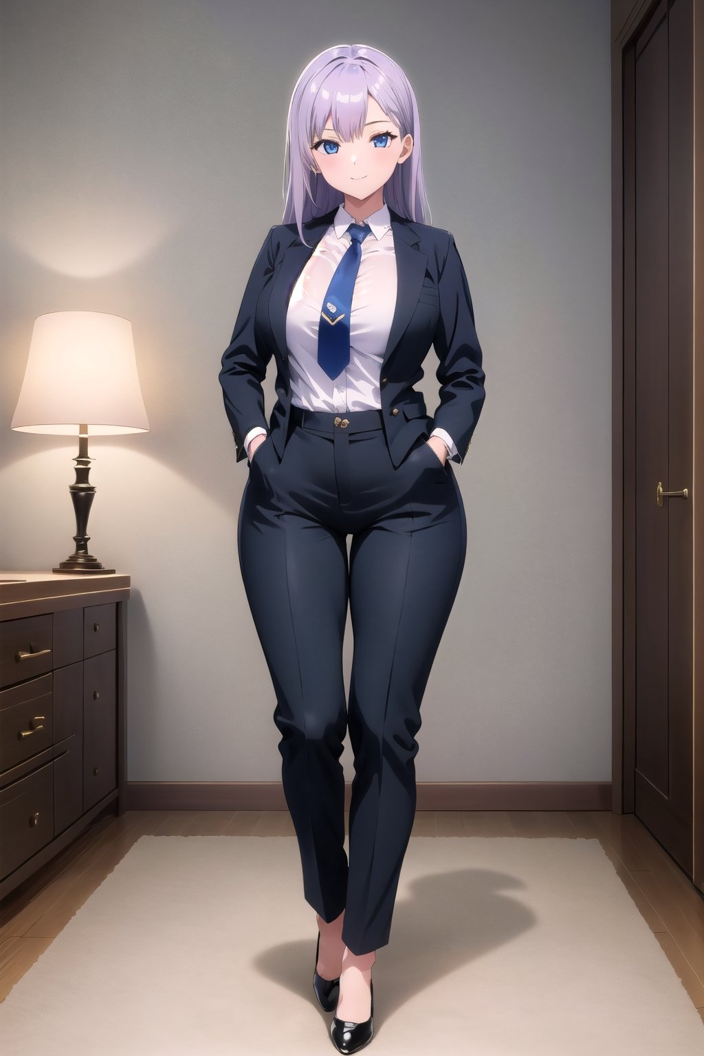 
((masterpiece))  ((high quality)) 
((beautiful details)),(( perfect focus)), (( high resolution)), ((exquisite texture in every detail)),

((1girl)) ,((solo)),((olivia))
((large breasts)),(( large hips)), light purple hair,short torso, long hair,beatiful, blue eyes,((large thighs))
 teen young
,looking at the viewer
smile

bangs

shirt

long sleeves

very long hair

closed mouth


standing

jacket

full body

white shirt

open clothes

necktie

shoes

collared shirt

pants

indoors

black footwear

open jacket

black jacket

black pants

formal

suit


black necktie

hand in pocket

pant suit

