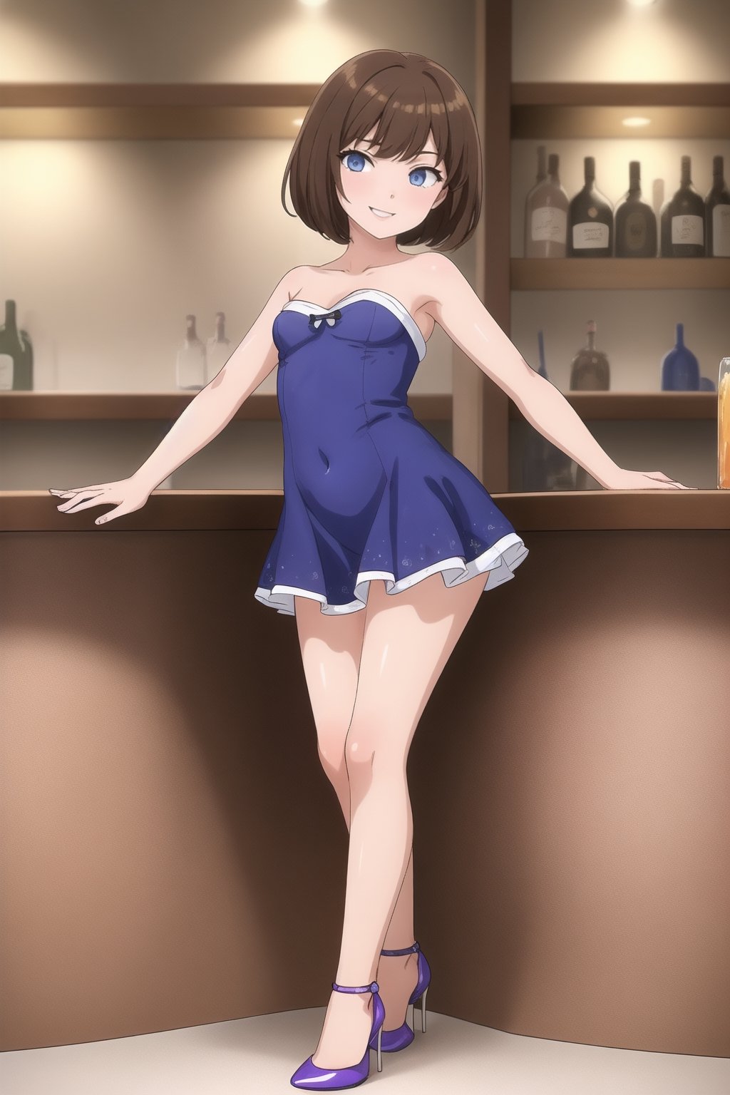 ((masterpiece)), solo, 1girl, ,young, teen,  smile,looking at viewer,standing, full body,
vera  , slim, small breasts , brown hair, slim, athetic, mature,smile,evil face, blue eyes


((micro dress))
((sexy pose ))
 ((bare shoulders))
((sleeveless))
((light purple dress))
((heeled shoes))
((tight dress))
((strapless ))

((bar))
((bar bar))
