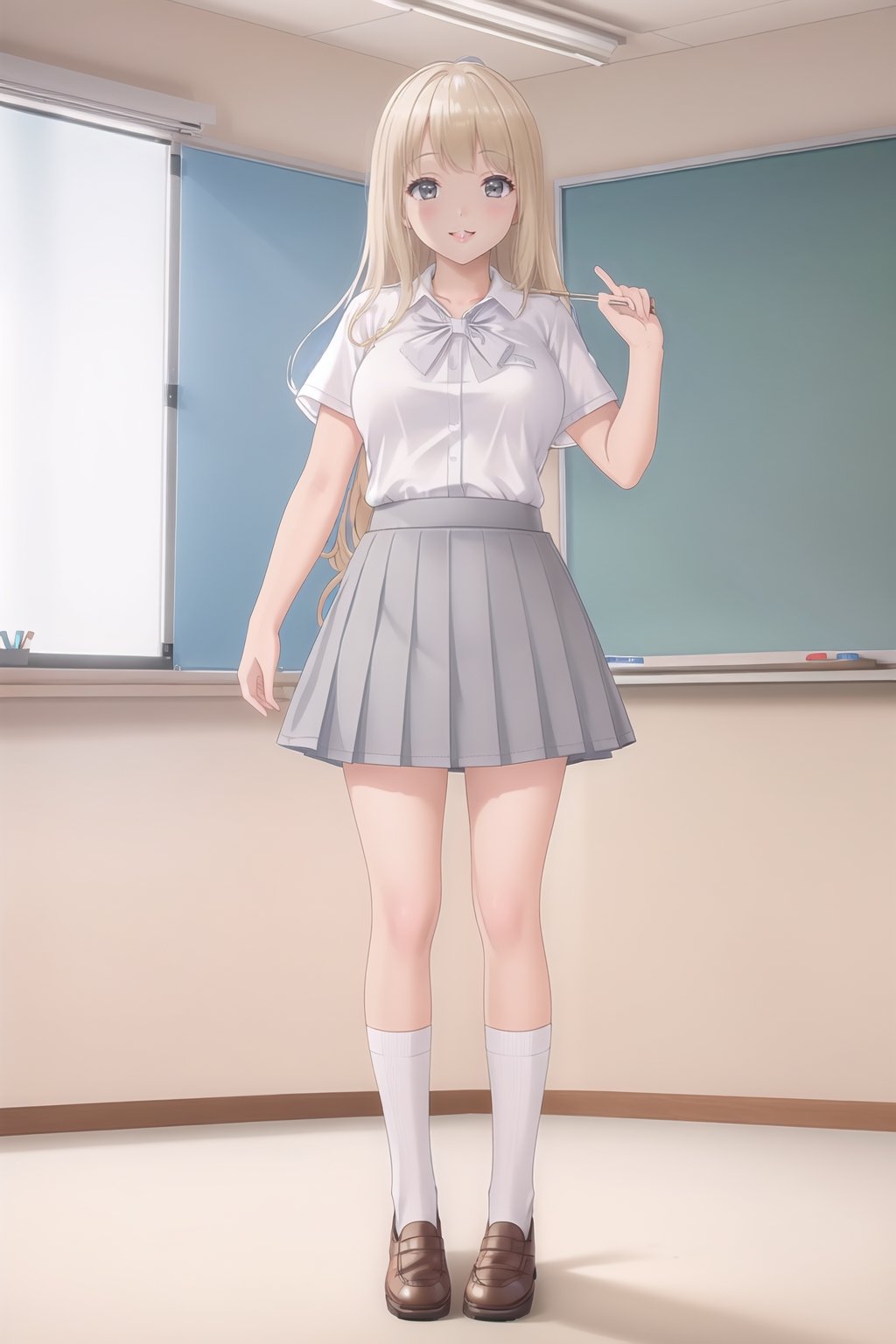 

((masterpiece)), ((high quality)),

((girl1 solo victoria blonde  white shirt standing short sleeves  grey skirt white socks brown shoes))



((happy, smile, fun))
((classroom))
