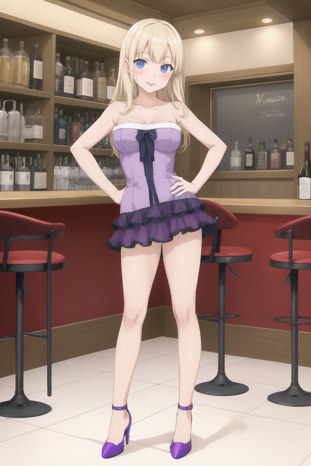 ((masterpiece)), solo, 1girl, ,young, teen,  smile,looking at viewer,standing, full body,
victoria blonde blue eyes
hand on hips

((micro dress))
((sexy pose ))
 ((bare shoulders))
((sleeveless))
((purple dress))
((heeled shoes))
((tight dress))
((strapless ))

((bar))
((bar bar))
