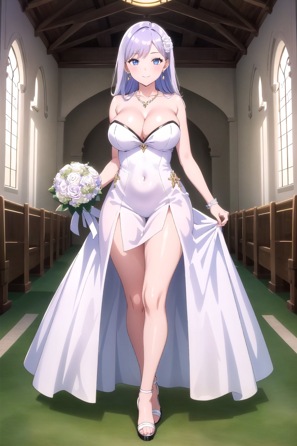 
((masterpiece))  ((high quality)) 
((beautiful details)),(( perfect focus)), (( high resolution)), ((exquisite texture in every detail)),

((1girl)) ,((solo)),((olivia))
((large breasts)),(( large hips)), light purple hair,short torso, long hair,beatiful, blue eyes,((large thighs))
 teen young
,looking at the viewer
smile


hair ornament

dress

holding

cleavage

bare shoulders

jewelry


standing

collarbone

full body

flower

earrings

indoors

hair flower

necklace

white dress

high heels

strapless

rose

white footwear

white flower

strapless dress

pink flower

bouquet

wedding dress

white rose

holding bouquet

church

