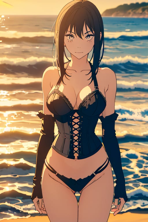 
 
20 year old emo woman in gothic fishnet corset and thong 

 while at the beach with Beautiful sun set 