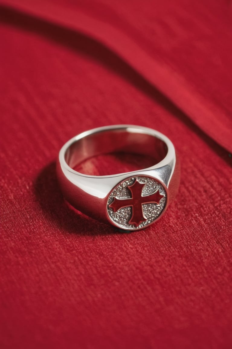 Photo of a silver ring with a cross logo on a red bedclothes 