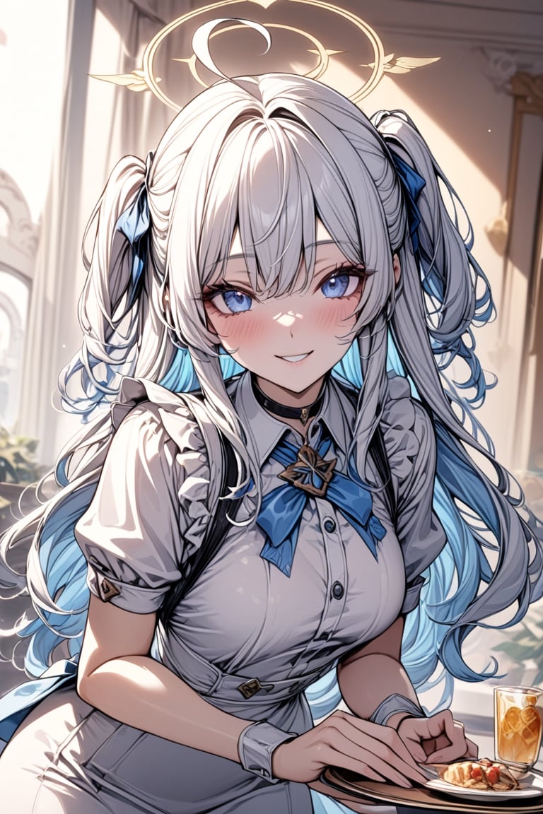 ((masterpiece)), ultra detailed, best quality, 8k, high resolutionl, aesthetic, mucha, 1girl, angel, (white hair), long curly hair, ((two side up)), blue eyes, Two blue hair ties on head , (Double golden halo on her head), choker, angel wings,ahoge, smile, waitress, frame, 