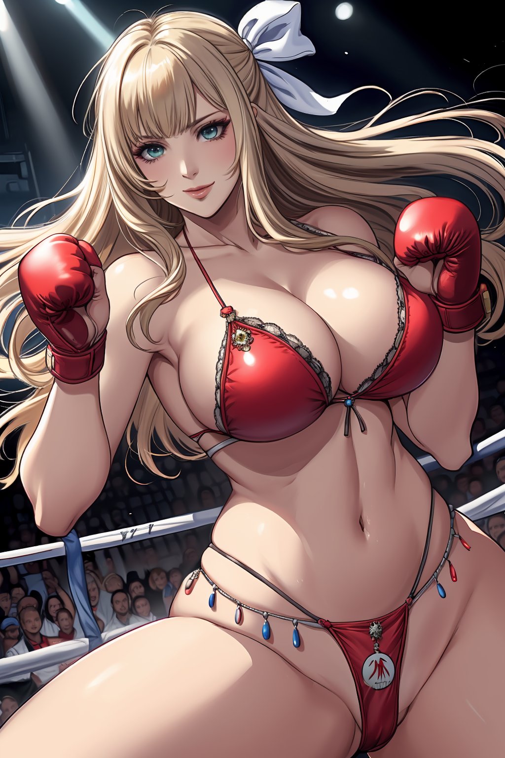 Describe a voluptuous woman with a thick body figure and long brown hair, wearing a white hair bow, on a secluded beach in a risqué swimsuit that is green with a mix of light brown. She is alone and has a slight smile
boxing ring,battle_stance,tekeen _lili